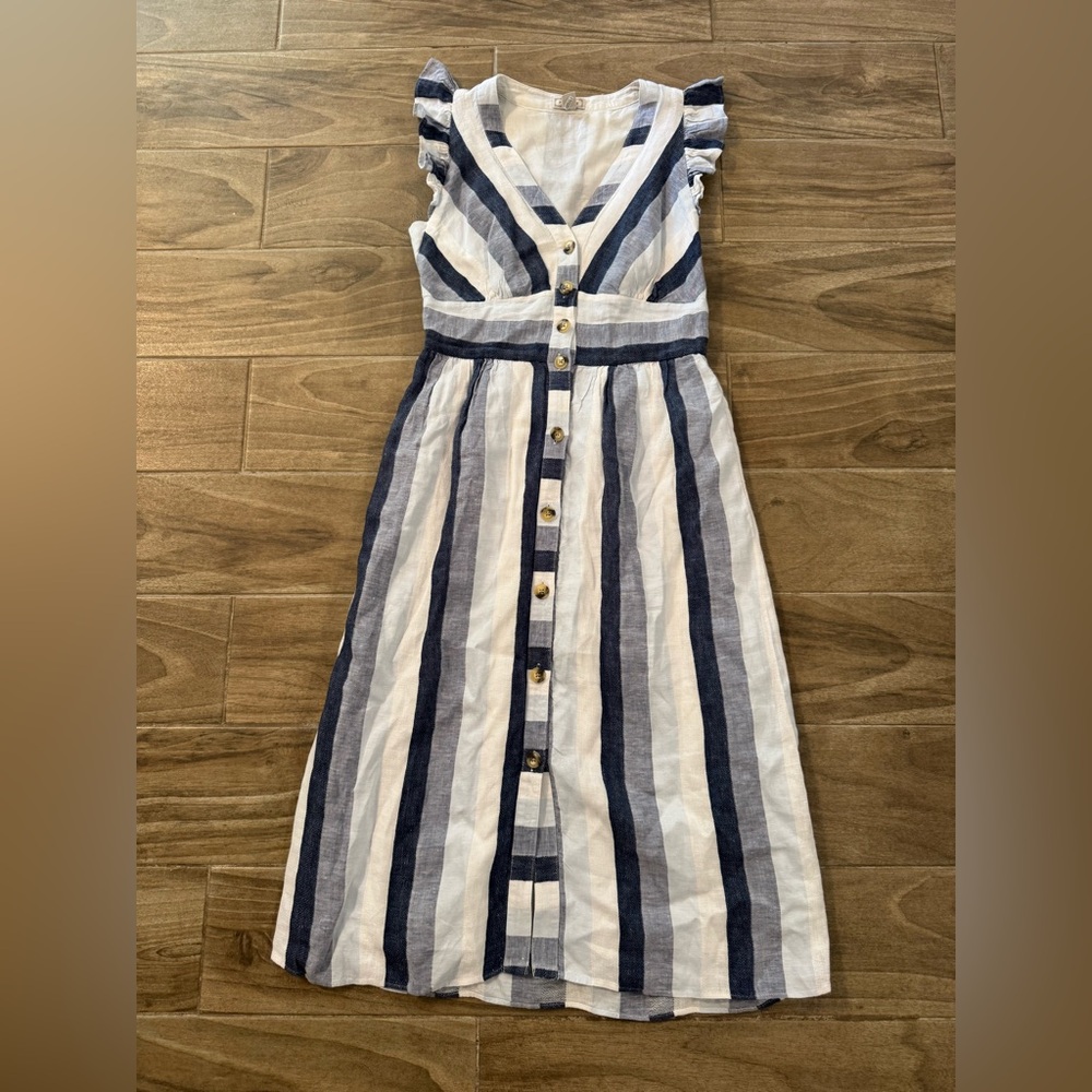 Point Sur Navy, blue and White Striped 100% linen Dress with pockets , size 4